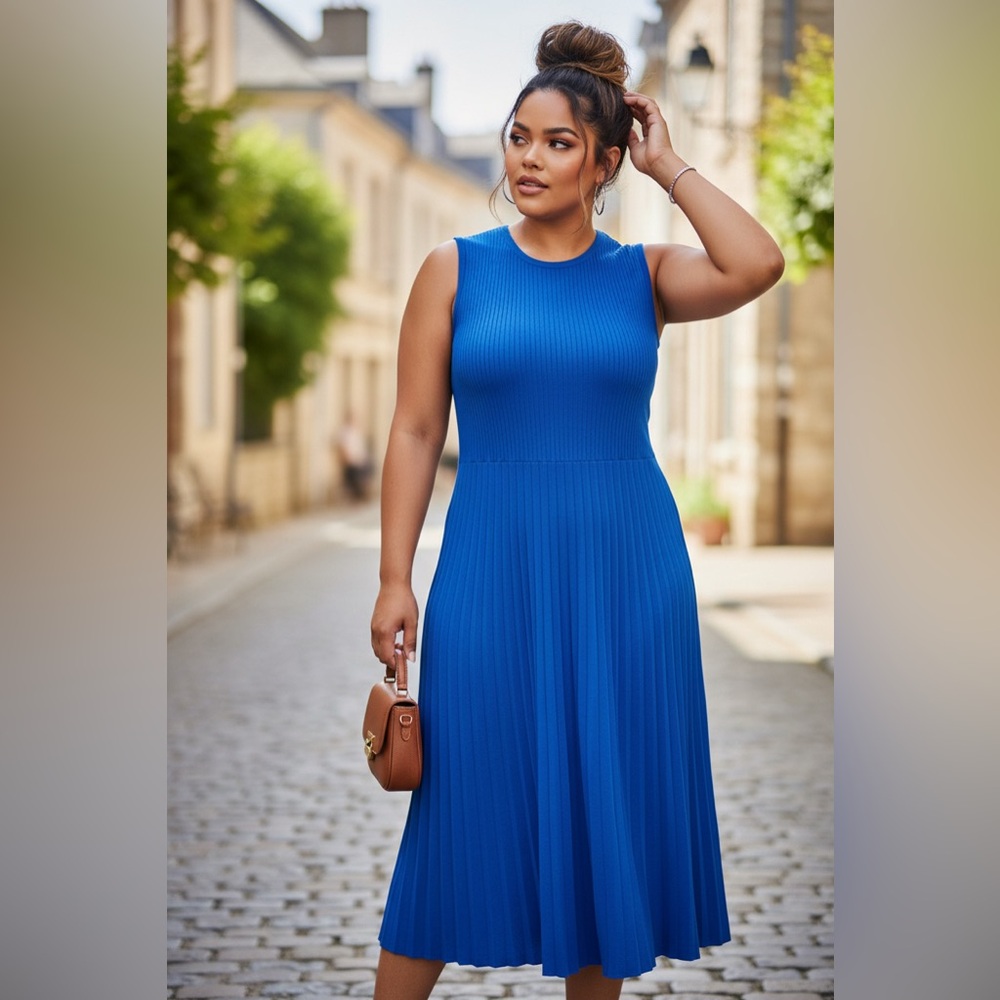 NWT Edited by Remi Bader Blue Pleated Knit Midi Dress 1X